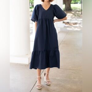 Navy Midi Dress with Puff Sleeves AVARA